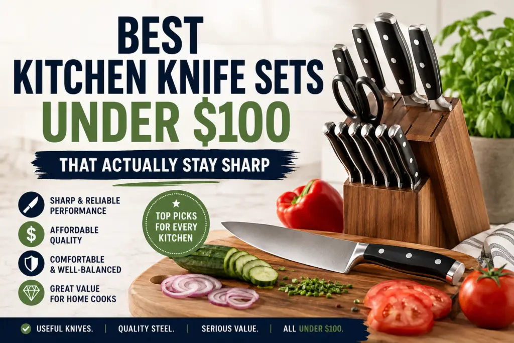 Best kitchen knife sets under $100 featuring a wooden knife block, stainless steel chef’s knife, and fresh vegetables on a cutting board.