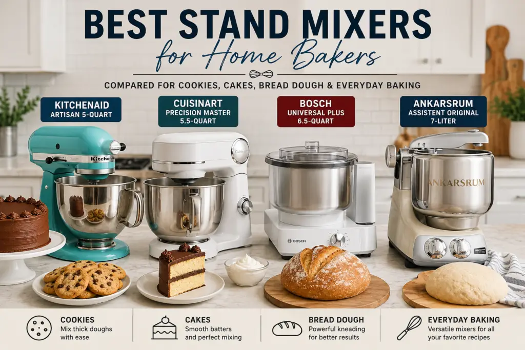 Best stand mixers for home bakers compared, including KitchenAid, Cuisinart, Bosch, and Ankarsrum mixers for cookies, cakes, bread dough, and everyday baking.