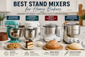 Best stand mixers for home bakers compared, including KitchenAid, Cuisinart, Bosch, and Ankarsrum mixers for cookies, cakes, bread dough, and everyday baking.