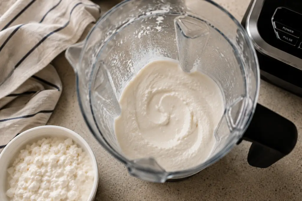 Cottage cheese blended until smooth and creamy in a blender with a bowl of cottage cheese beside it on the kitchen counter.
