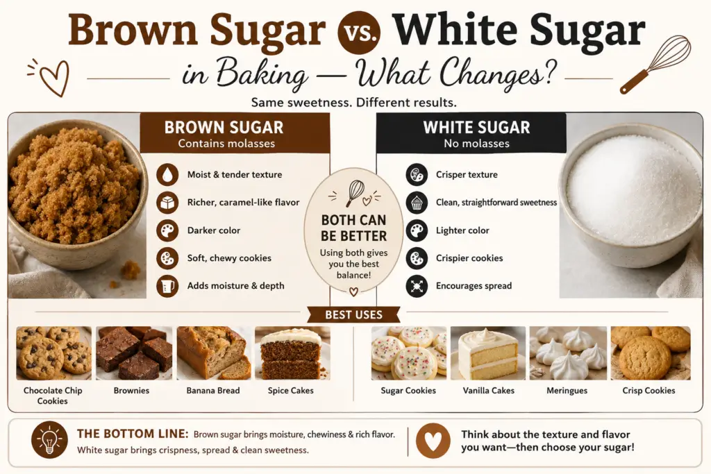Brown sugar vs. white sugar in baking comparison graphic showing how each sugar affects moisture, texture, flavor, color, cookie spread, and baked goods.