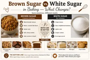 perfect cake baking tips- 10 Perfect Cake Baking Tips Brown sugar vs. white sugar in baking comparison graphic showing how each sugar affects moisture, texture, flavor, color, cookie spread, and baked goods.