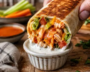 Close-up of a toasted Buffalo Chicken Wrap dipped into creamy ranch dressing with buffalo chicken, cheddar cheese, lettuce, and tomatoes on a rustic wooden table.