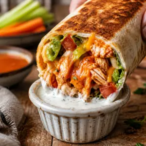 buffalo chicken wrap- Buffalo Chicken Wrap Close-up of a toasted Buffalo Chicken Wrap dipped into creamy ranch dressing with buffalo chicken, cheddar cheese, lettuce, and tomatoes on a rustic wooden table.
