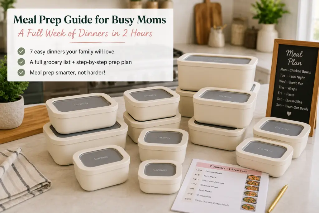 Meal prep for busy moms with grilled chicken, taco meat, roasted vegetables, potatoes, and chopped veggies arranged in cream Caraway food storage containers for a full week of easy dinners.