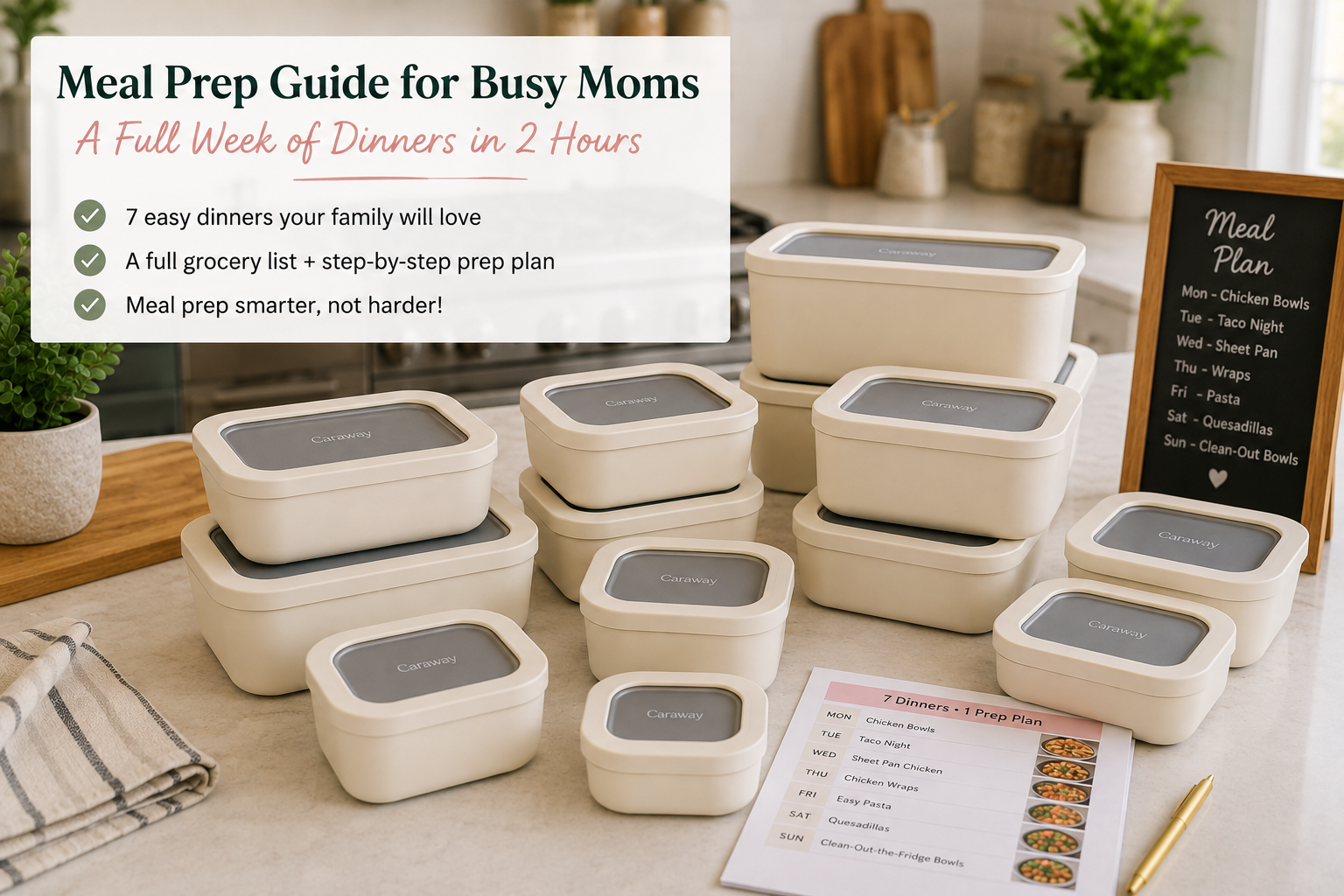 meal prep for busy moms- Meal Prep Guide for Busy Moms — A Full Week of Dinners in 2 Hours Meal prep for busy moms with grilled chicken, taco meat, roasted vegetables, potatoes, and chopped veggies arranged in cream Caraway food storage containers for a full week of easy dinners.