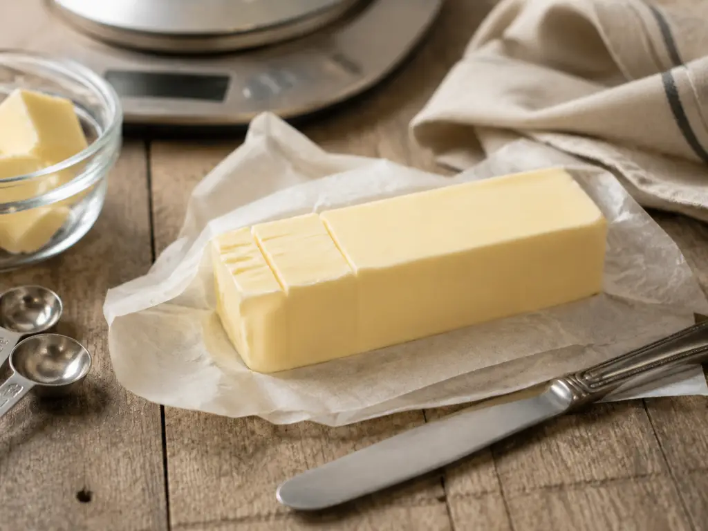 Stick of butter with cut tablespoon portions beside measuring spoons, a butter knife, and a kitchen scale on a wooden counter.