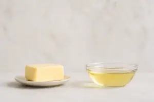 Butter and a glass bowl of oil side by side on a light neutral background for a butter vs oil in baking comparison.