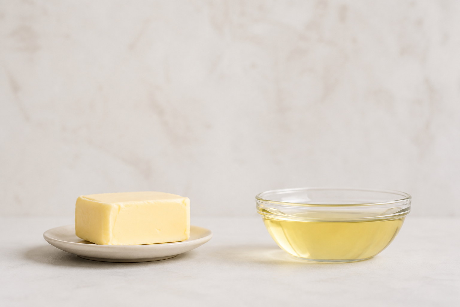 - Butter vs Oil in Baking — Which Makes Better Muffins and Cakes? Butter and a glass bowl of oil side by side on a light neutral background for a butter vs oil in baking comparison.