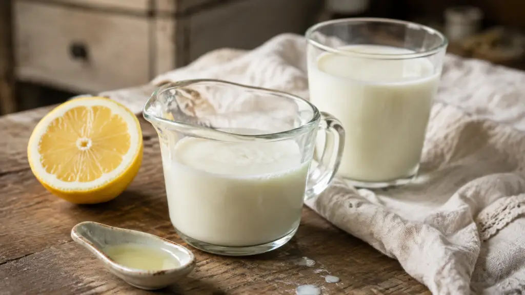Homemade buttermilk substitute in a glass measuring cup with milk and fresh lemon on a rustic wooden table.