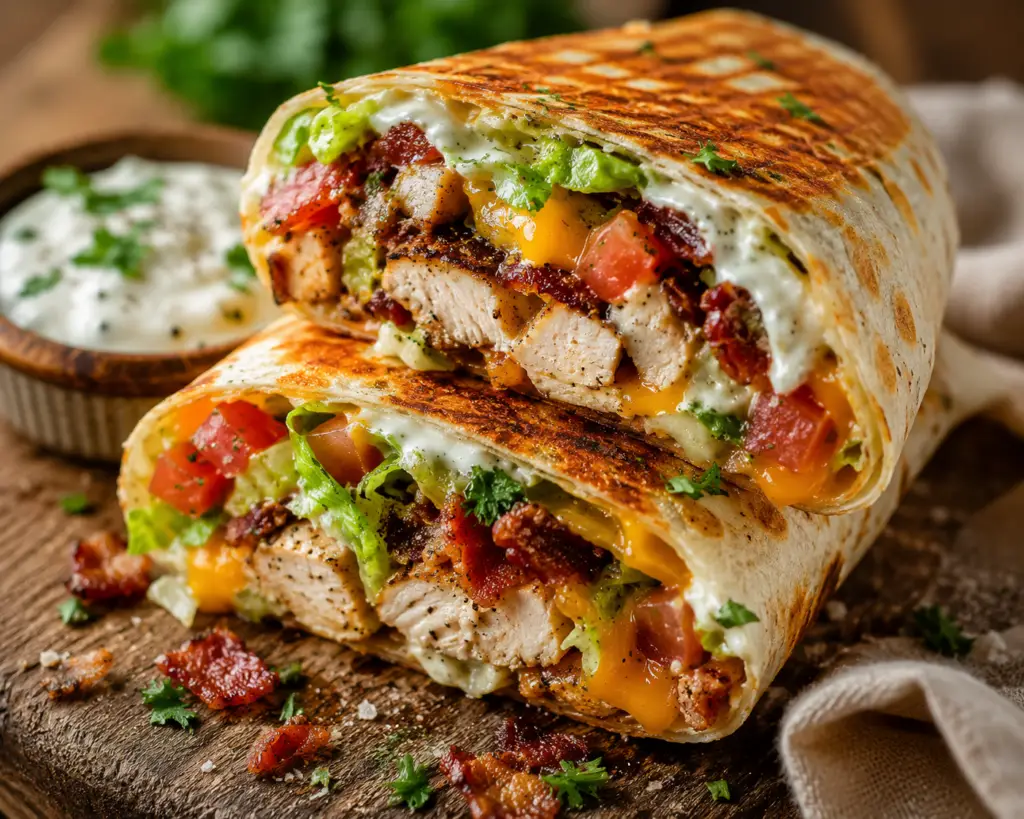 Golden toasted Chicken Bacon Ranch Wrap sliced in half with juicy chicken, crispy bacon, melted cheddar cheese, lettuce, tomatoes, and ranch dressing on a rustic wooden cutting board.