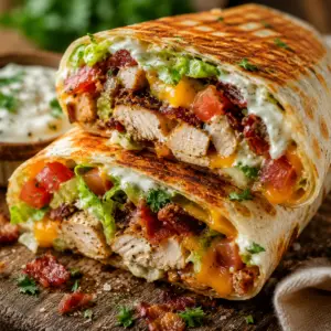 Golden toasted Chicken Bacon Ranch Wrap sliced in half with juicy chicken, crispy bacon, melted cheddar cheese, lettuce, tomatoes, and ranch dressing on a rustic wooden cutting board.