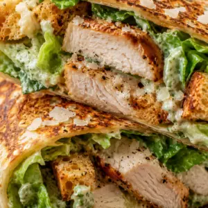 Close-up of a toasted Chicken Caesar Wrap sliced in half with grilled chicken, romaine lettuce, creamy Caesar dressing, Parmesan cheese, and crunchy croutons on a rustic wooden cutting board.