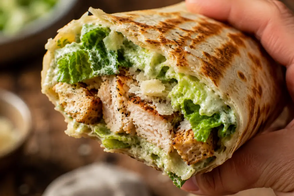 Hand holding a toasted Chicken Caesar Wrap with one bite taken out, revealing juicy grilled chicken, crisp romaine, creamy Caesar dressing, Parmesan cheese, and crunchy croutons.