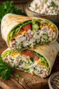 Close-up of a homemade chicken salad wrap sliced in half, filled with creamy chicken salad, romaine lettuce, tomatoes, cucumbers, avocado, red onion, and cheddar cheese on a rustic wooden cutting board.