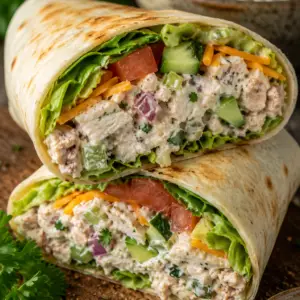 Close-up of a homemade chicken salad wrap sliced in half, filled with creamy chicken salad, romaine lettuce, tomatoes, cucumbers, avocado, red onion, and cheddar cheese on a rustic wooden cutting board.