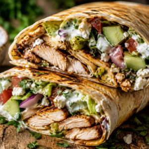 chicken shawarma wrap- Chicken Shawarma Wrap Golden toasted Chicken Shawarma Wrap sliced in half and filled with juicy spiced chicken, fresh vegetables, feta cheese, and creamy garlic yogurt sauce on a rustic wooden board.
