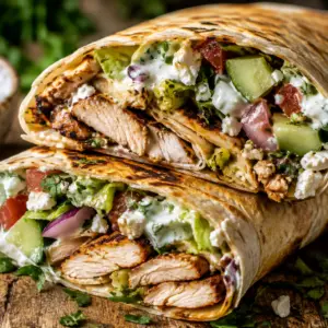 chicken shawarma wrap- Chicken Shawarma Wrap Golden toasted Chicken Shawarma Wrap sliced in half and filled with juicy spiced chicken, fresh vegetables, feta cheese, and creamy garlic yogurt sauce on a rustic wooden board.