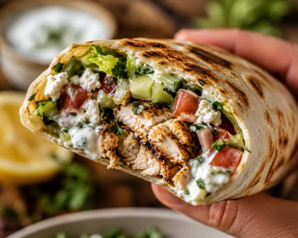 Chicken shawarma wrap ingredients layered on a flour tortilla with garlic yogurt sauce before rolling.