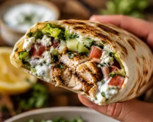 Chicken shawarma wrap ingredients layered on a flour tortilla with garlic yogurt sauce before rolling.