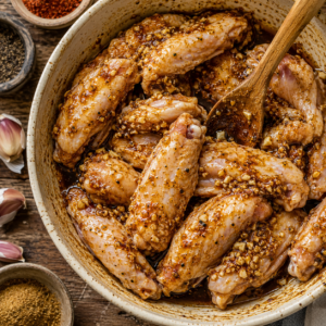- Chicken Wing Marinade Raw chicken wings coated in homemade garlic chicken wing marinade with soy sauce, spices, and brown sugar in a ceramic bowl.