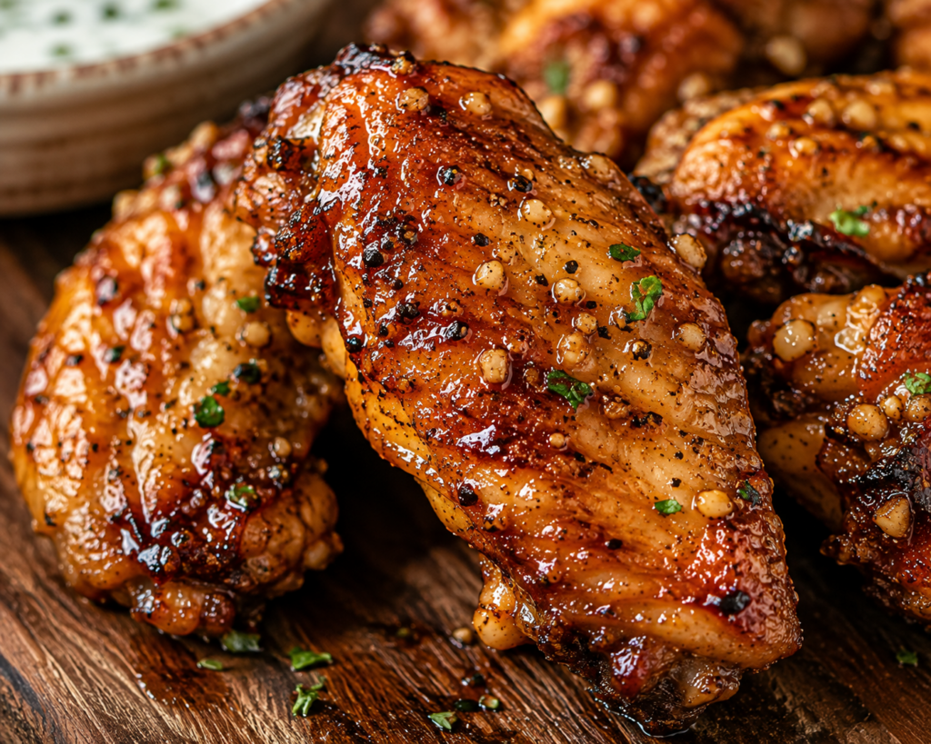 Caramelized garlic marinated chicken wings with crispy golden-brown edges, fresh herbs, and cracked black pepper.
