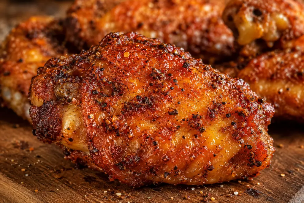 Homemade chicken wing seasoning with smoked paprika, garlic powder, onion powder, brown sugar, black pepper, mustard, and cayenne in a rustic ceramic bowl.