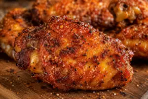Homemade chicken wing seasoning with smoked paprika, garlic powder, onion powder, brown sugar, black pepper, mustard, and cayenne in a rustic ceramic bowl.