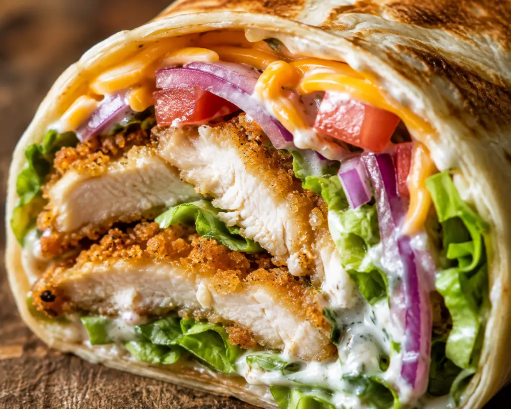 Crispy Baked Chicken Wrap sliced in half with crunchy Parmesan panko chicken, romaine lettuce, cheddar cheese, tomatoes, red onion, and creamy Greek yogurt ranch sauce inside a toasted tortilla.