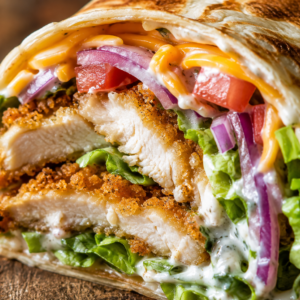 - Crispy Baked Chicken Wrap Crispy Baked Chicken Wrap sliced in half with crunchy Parmesan panko chicken, romaine lettuce, cheddar cheese, tomatoes, red onion, and creamy Greek yogurt ranch sauce inside a toasted tortilla.