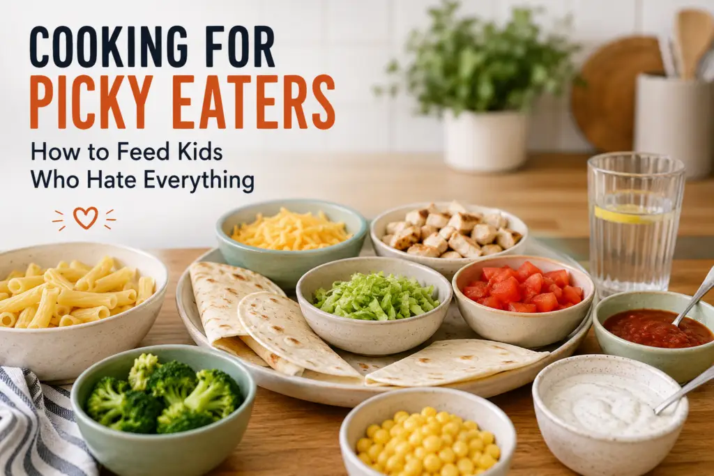 Cooking for picky eaters with kid-friendly chicken, pasta, tortillas, cheese, broccoli, corn, tomatoes, and dipping sauces served separately.