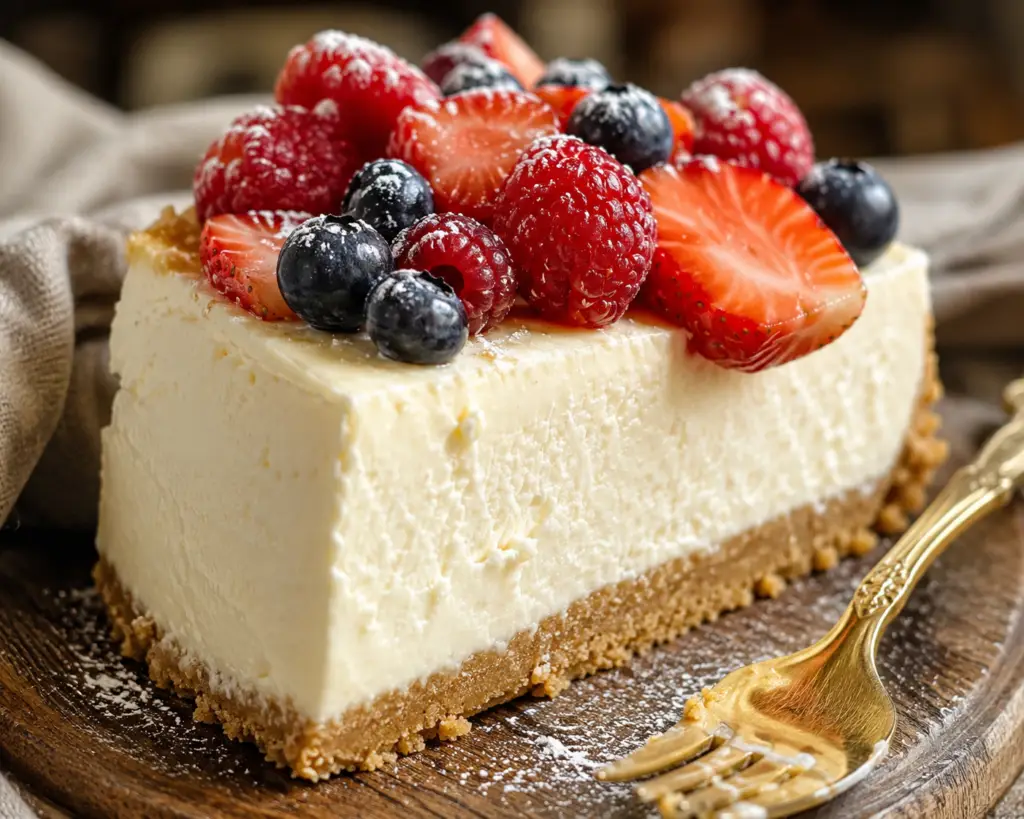 Close-up of a creamy cottage cheese cheesecake topped with fresh strawberries, blueberries, raspberries, and powdered sugar on a rustic wooden board.