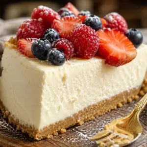 cottage cheese cheesecake- Cottage Cheese Cheesecake Close-up of a creamy cottage cheese cheesecake topped with fresh strawberries, blueberries, raspberries, and powdered sugar on a rustic wooden board.