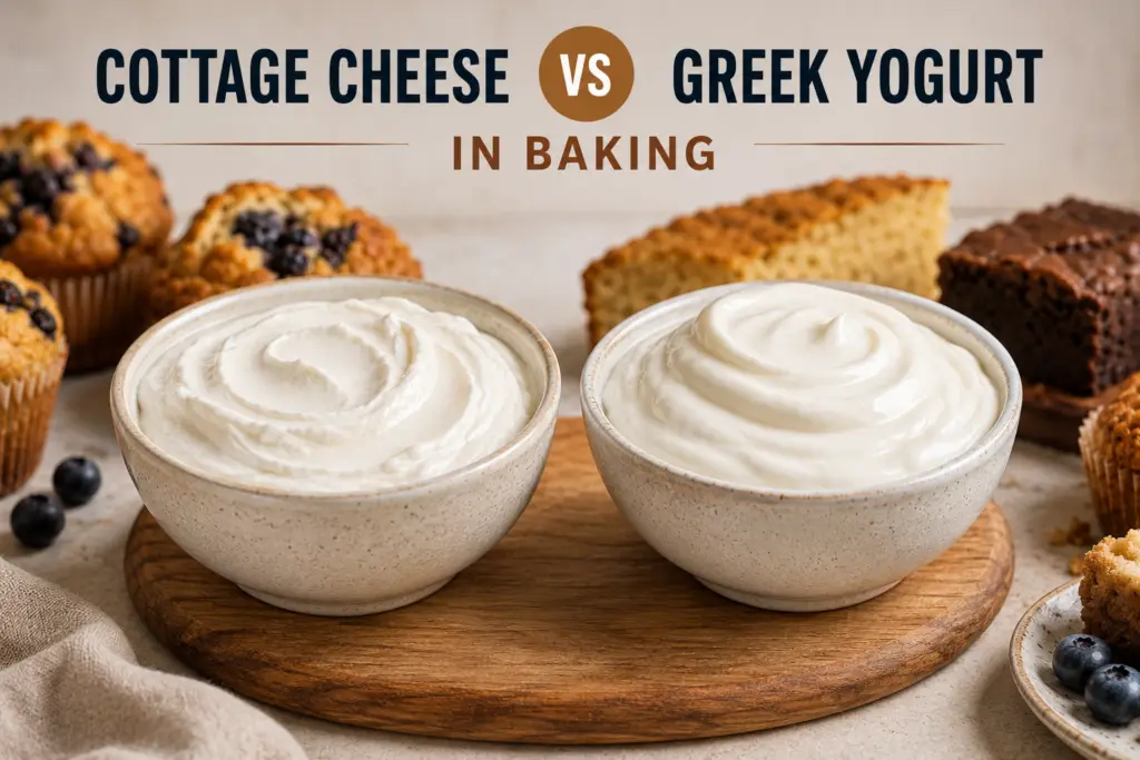 Cottage cheese vs Greek yogurt in baking displayed in rustic ceramic bowls with muffins, cake, brownies, and blueberries in the background.