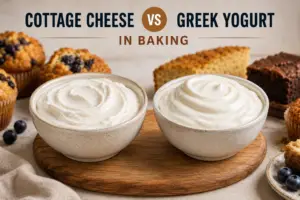 Cottage cheese vs Greek yogurt in baking displayed in rustic ceramic bowls with muffins, cake, brownies, and blueberries in the background.