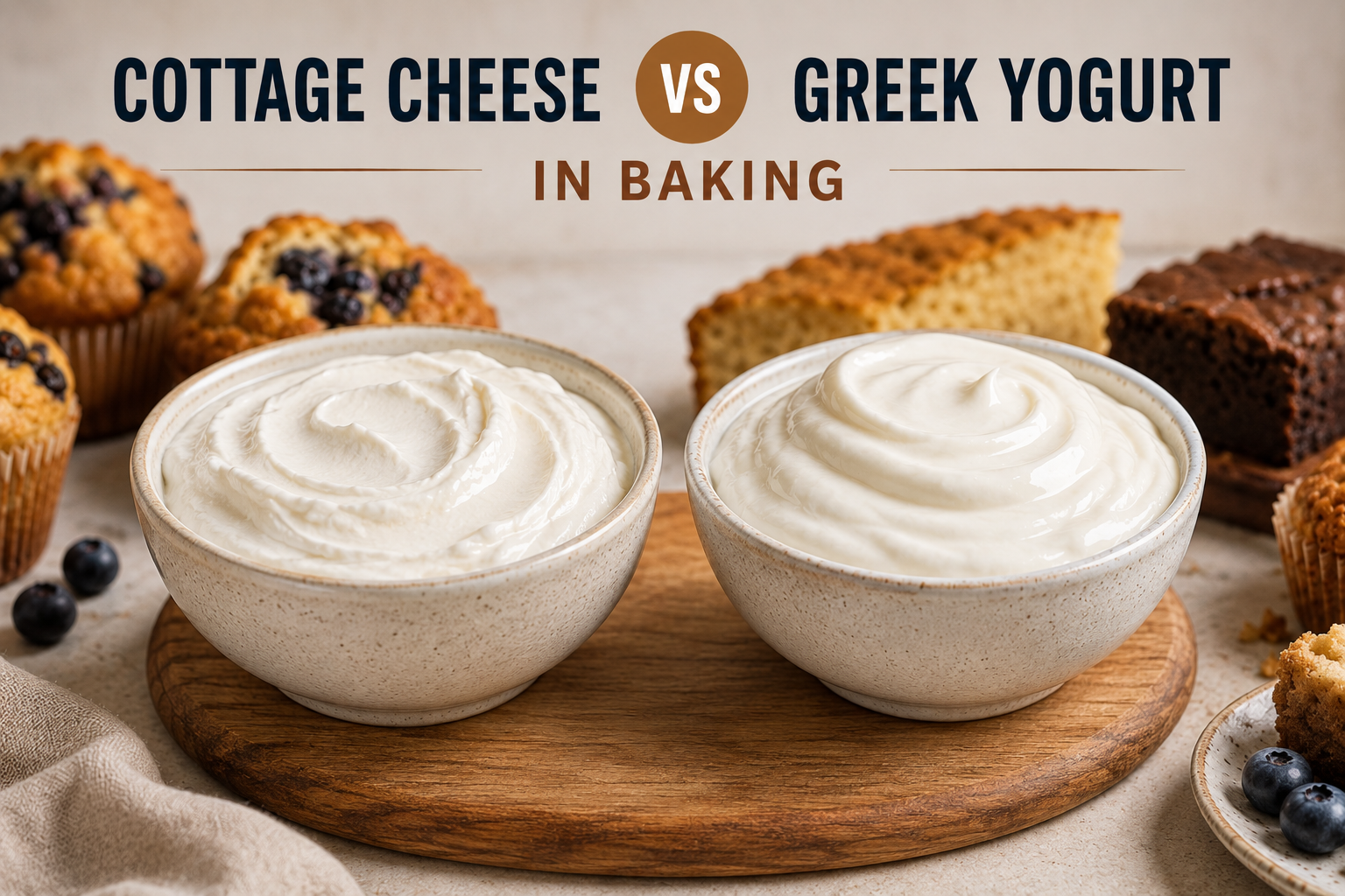 cottage cheese vs Greek yogurt in baking- Cottage Cheese vs Greek Yogurt in Baking — Which Should You Use? Cottage cheese vs Greek yogurt in baking displayed in rustic ceramic bowls with muffins, cake, brownies, and blueberries in the background.