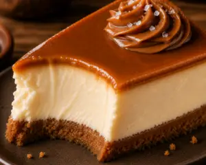Close-up of a creamy caramel cheesecake slice with a buttery graham cracker crust, silky homemade caramel topping, piped dulce de leche swirl, and flaky sea salt on a rustic dessert plate.
