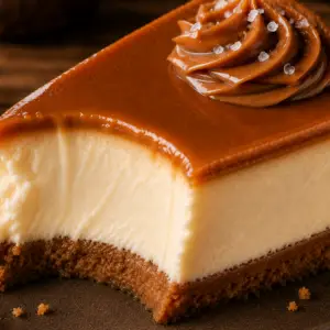 dulce de leche cheesecake- Caramel Dulce De Leche Cheesecake Close-up of a creamy caramel cheesecake slice with a buttery graham cracker crust, silky homemade caramel topping, piped dulce de leche swirl, and flaky sea salt on a rustic dessert plate.