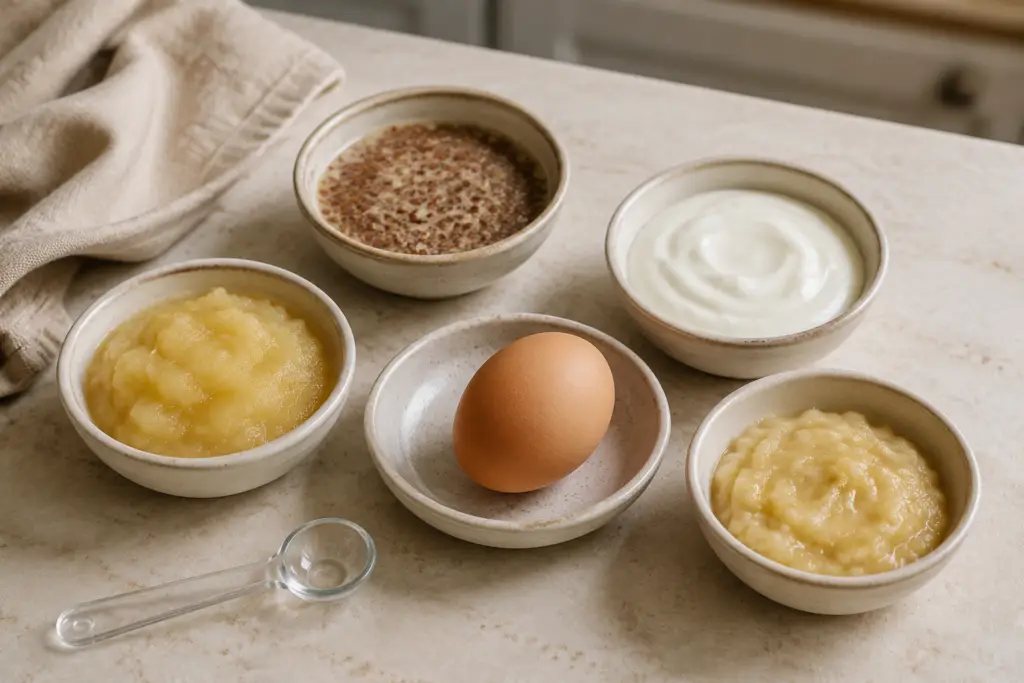Brown egg surrounded by bowls of applesauce, mashed banana, plain yogurt, and a flaxseed mixture for egg-free baking.