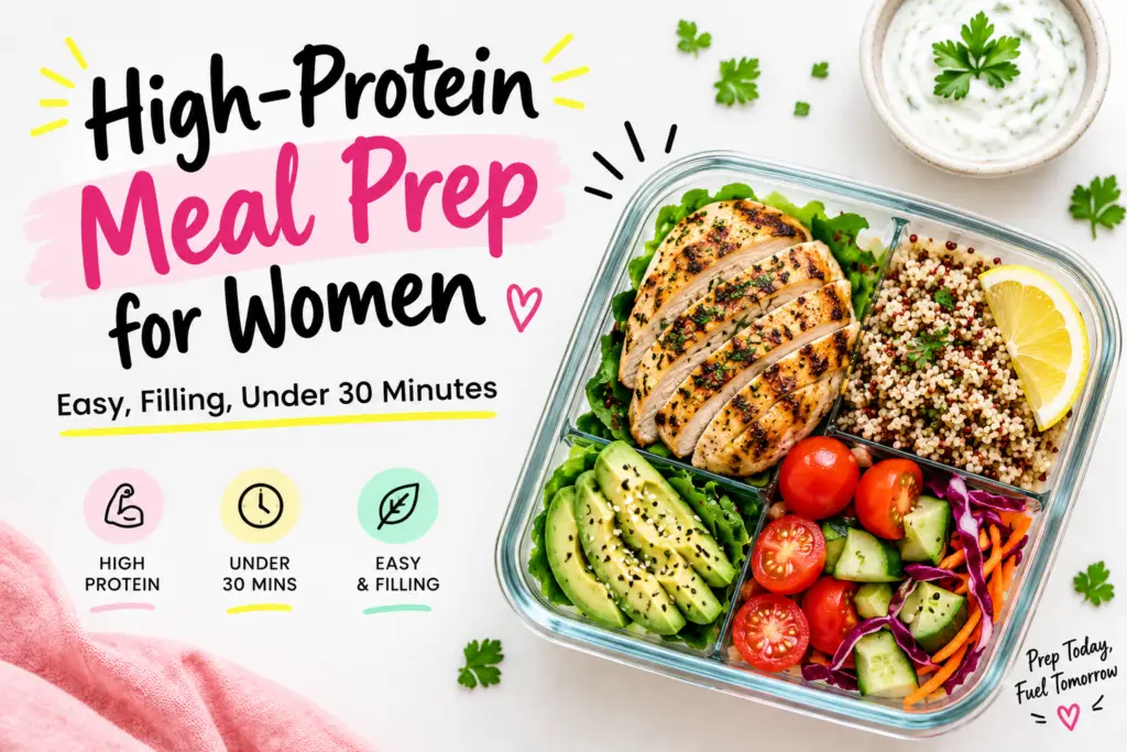High-protein meal prep for women with grilled chicken, quinoa, avocado, fresh vegetables, and creamy herb sauce, ready in under 30 minutes.