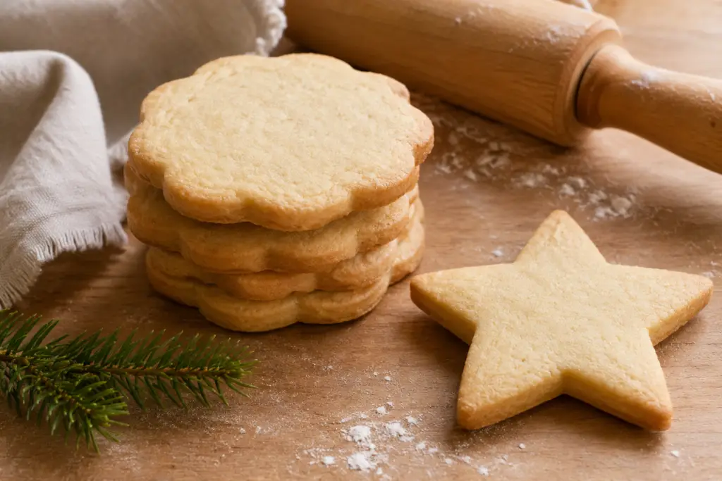 Close-up of homemade Christmas sugar cookies with a wooden rolling pin, evergreen sprig, and light dusting of flour.