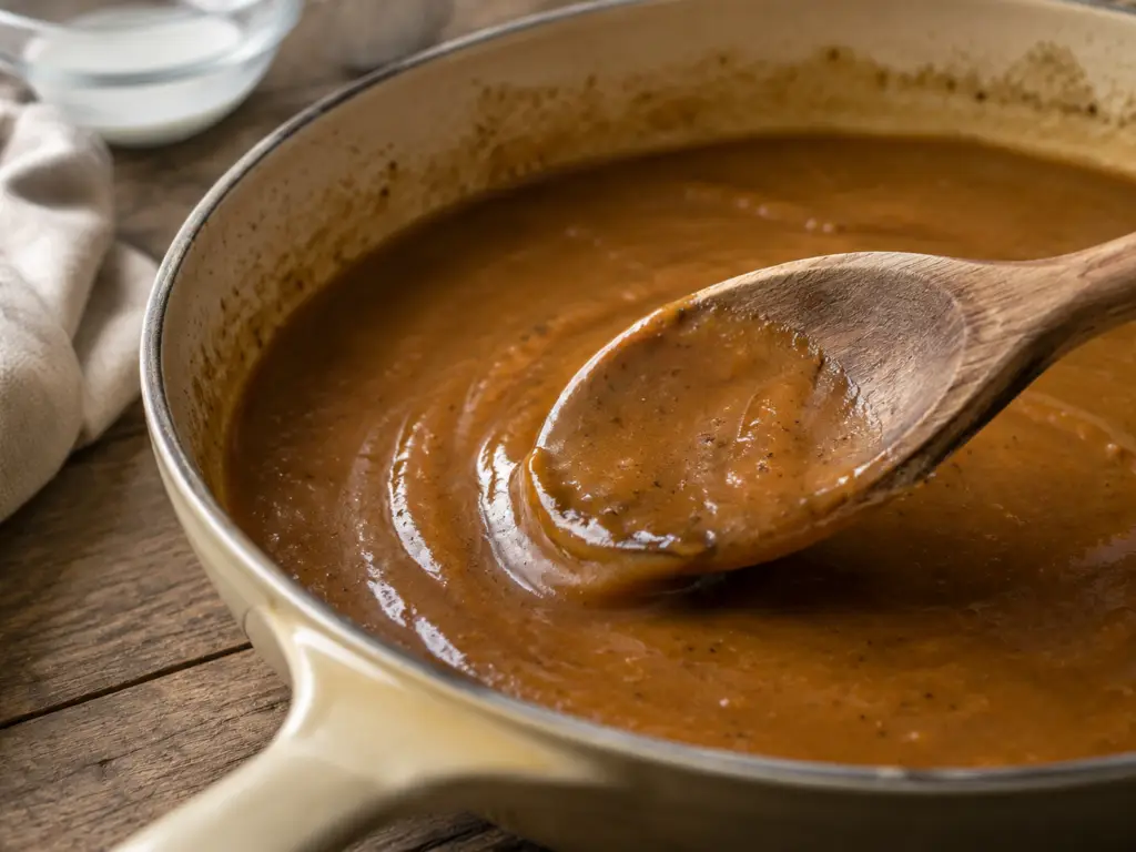 Thick homemade brown sauce coating a wooden spoon in a cream-colored skillet.