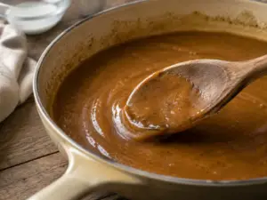 oven baked chicken wings- The Ultimate Guide To Oven Baked Chicken Wings Thick homemade brown sauce coating a wooden spoon in a cream-colored skillet.