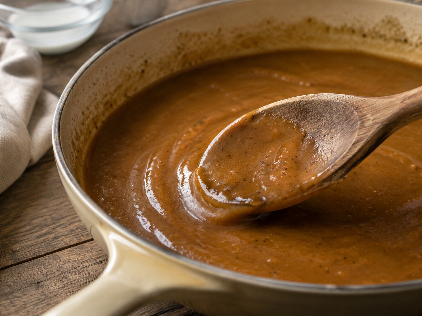 how to thicken a sauce- Every Way to Thicken a Sauce: Cornstarch, Flour, Cream, and More Thick homemade brown sauce coating a wooden spoon in a cream-colored skillet.