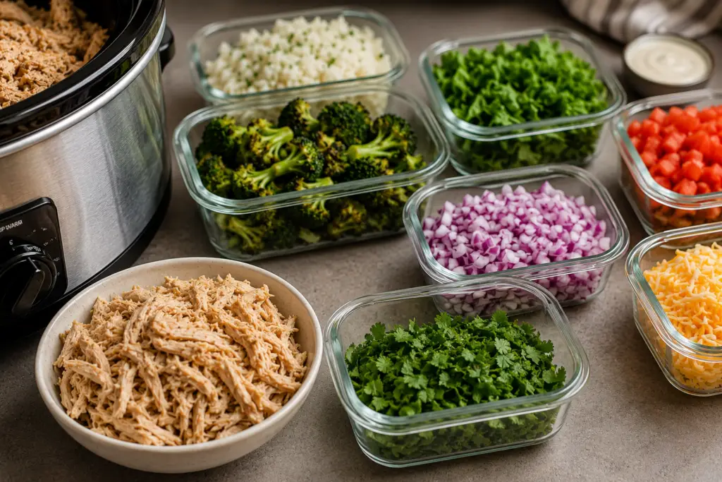 Slow cooker meal prep with shredded chicken, rice, roasted broccoli, fresh vegetables, cheese, and herbs portioned for easy meals throughout the week.