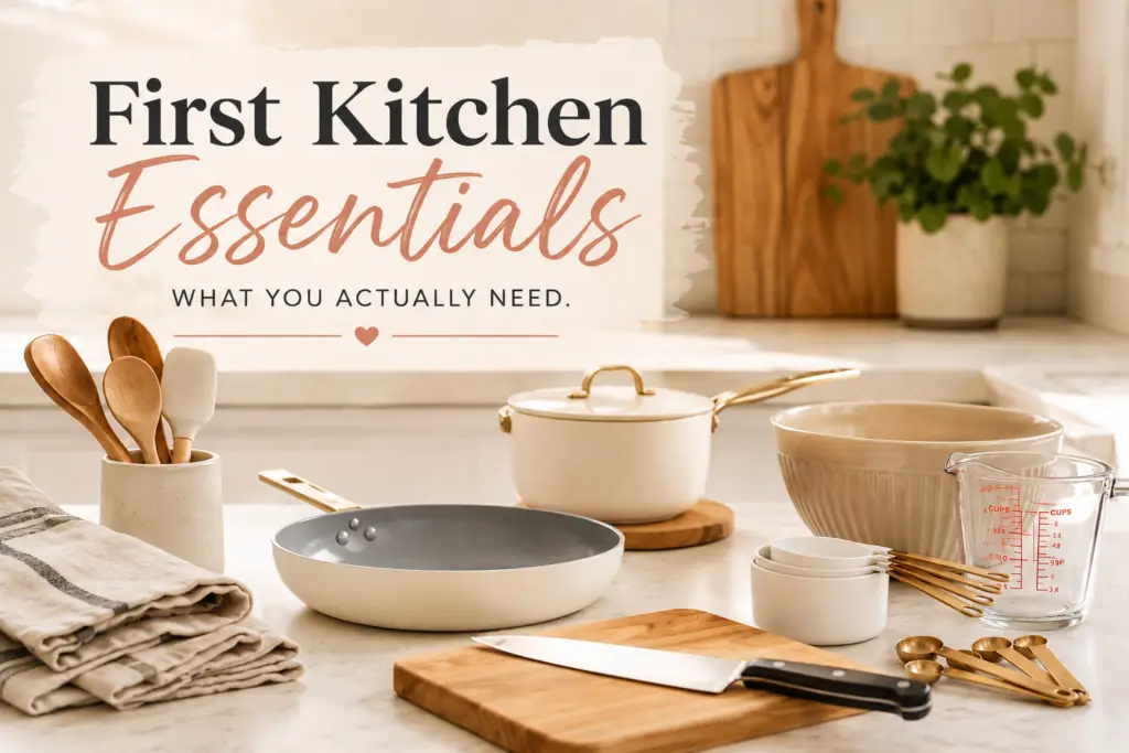 First kitchen essentials arranged on a bright minimalist countertop, including ceramic cookware, chef’s knife, cutting board, mixing bowl, measuring cups and cooking utensils.