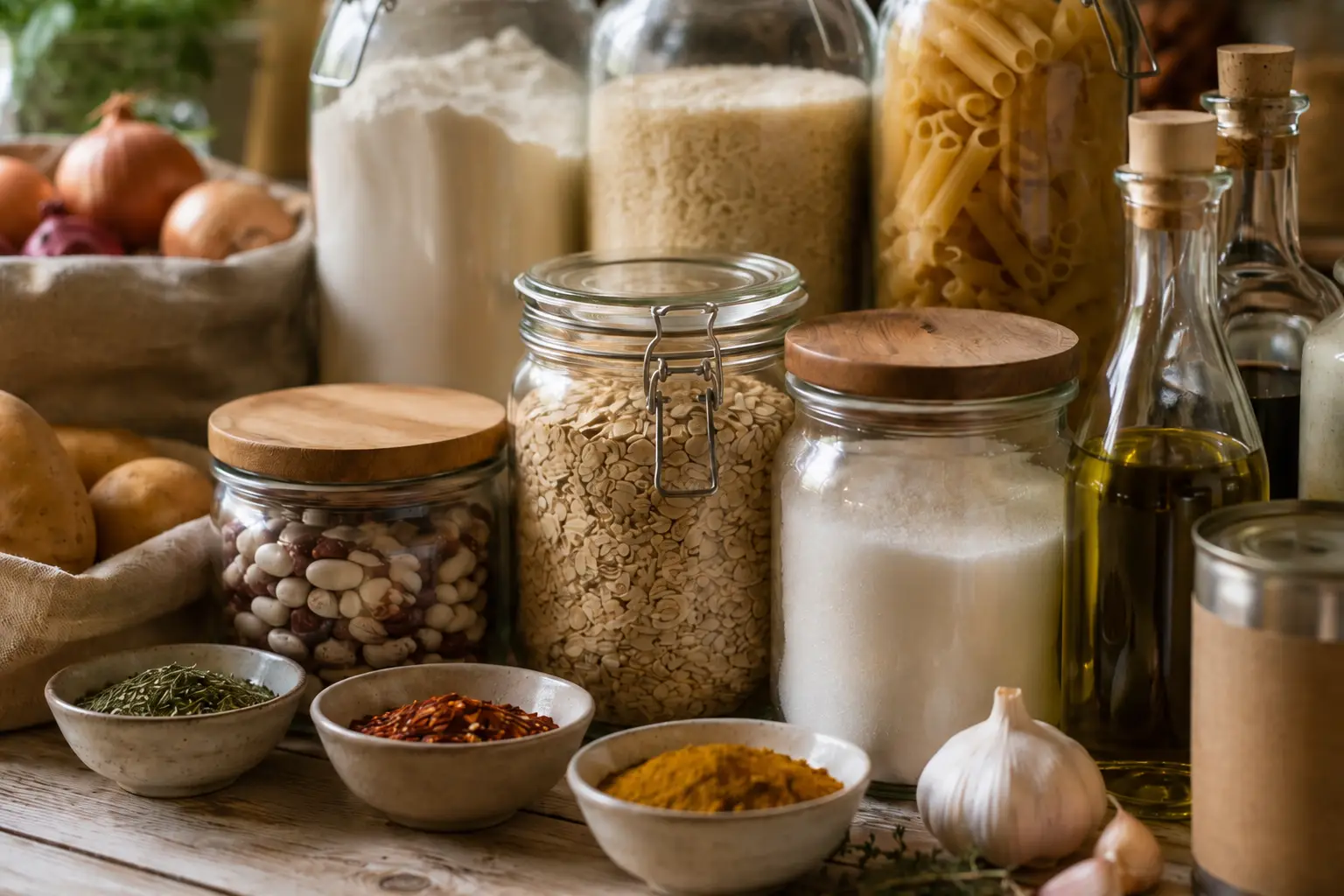 Close-up of kitchen pantry staples including flour, rice, pasta, oats, beans, sugar, olive oil, dried spices, onions, potatoes, and garlic.