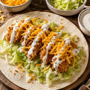 Extreme close-up of a McDonald's Crispy Chicken Wrap Copycat showing crispy breaded chicken, shredded lettuce, cheddar cheese, creamy ranch, and toasted tortilla.