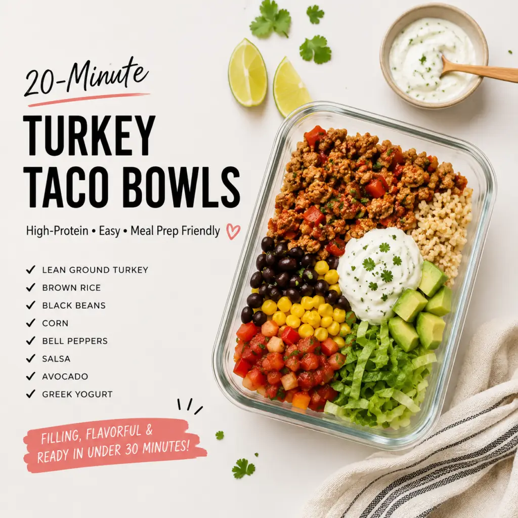 high-protein meal prep for women- High-Protein Meal Prep for Women — Easy, Filling, Under 30 Minutes 20-minute high-protein turkey taco bowl with ground turkey, brown rice, black beans, corn, avocado, salsa, lettuce, and Greek yogurt.