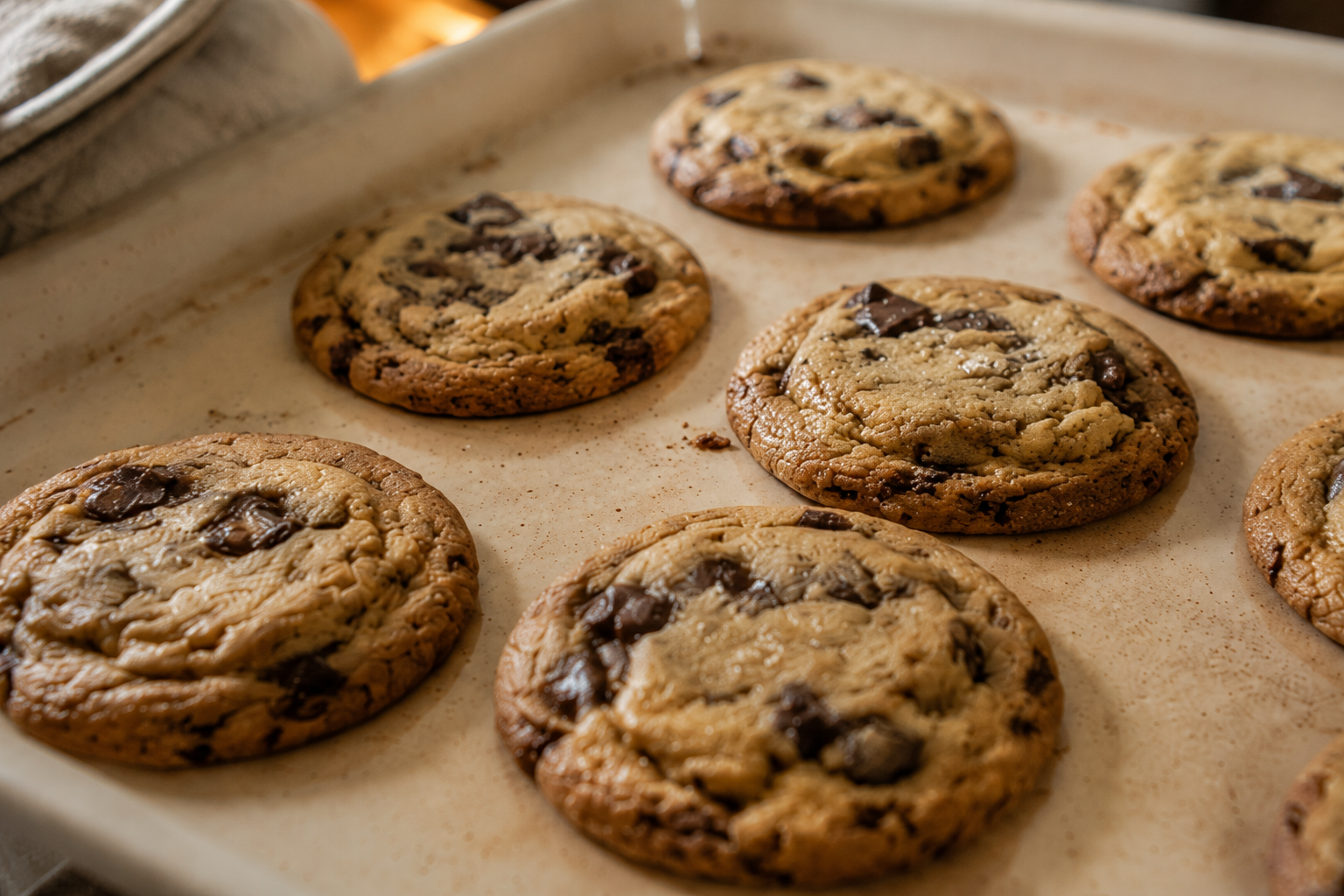 Chocolate chip cookies baked on a cream sheet pan for an oven temperature conversion guide covering Fahrenheit, Celsius, and Gas Mark.
